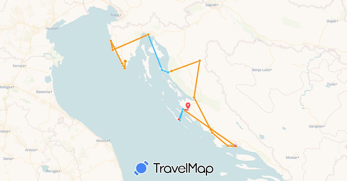 TravelMap itinerary: driving, hiking, boat, hitchhiking in Croatia (Europe)